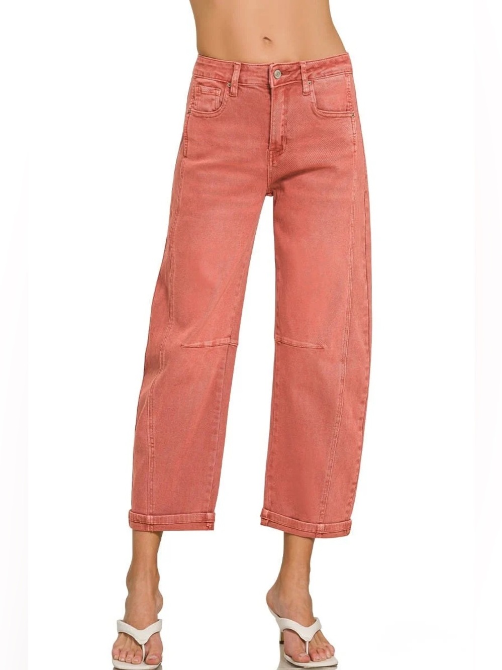NWT🧡Zenana Barrel Leg Cropped Fit Cuffed Denim Jeans Cabernet Small